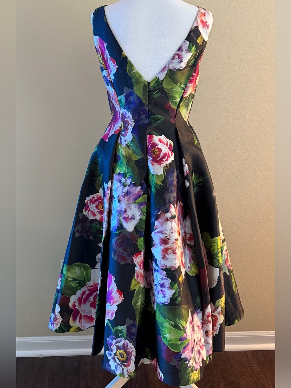 Adrianna Papell Black Dress with Pink, Green & Purple Floral Accents - Picture 4 of 7